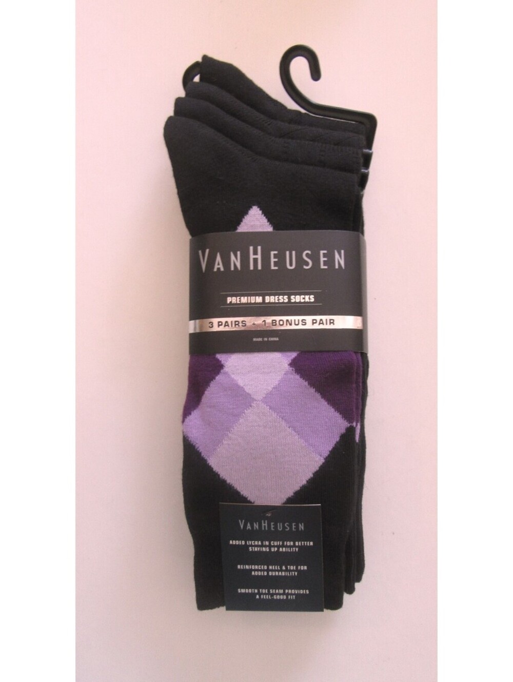 Van Heusen Premium Crew Dress Socks Black & Purple Argyle / Black 4 Pack NWT